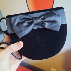 Vintage Black Velvet Small Purse with Satin Ribbon&Bow with Rope Shoulder Strap